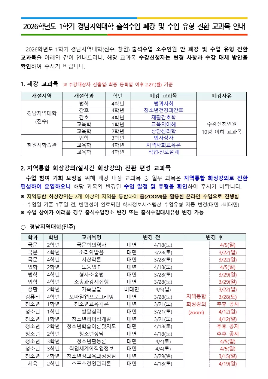 [경남] 26-1학기 출석수업 폐강 및 수업 유형 전환 교과목 안내