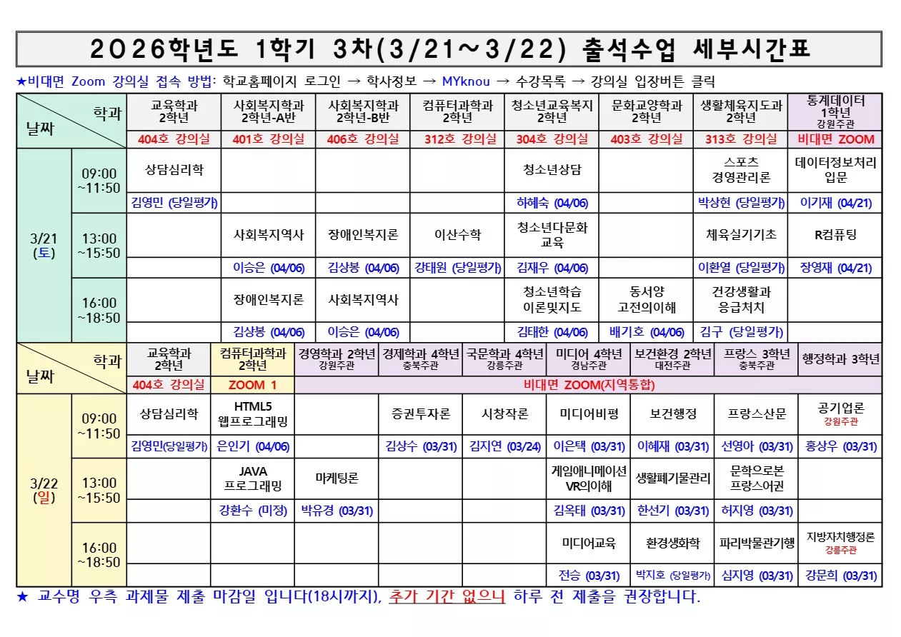 (3/12 수정)[세부시간표] 충북지역대학 출석수업 3월 3주차(3/21-3/22)