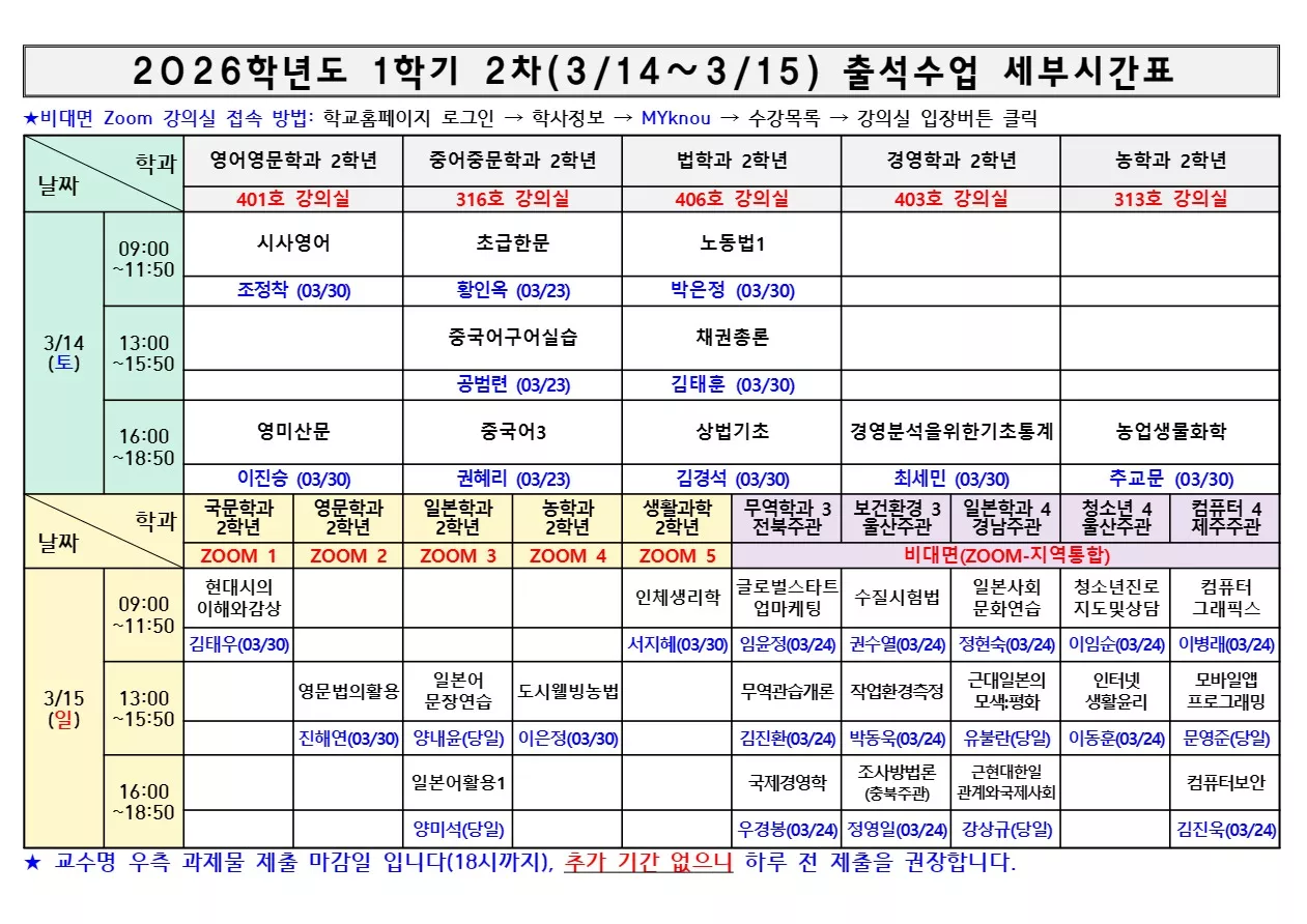(수정) [세부시간표] 충북지역대학 출석수업 3월 2주차(3/14-3/15)